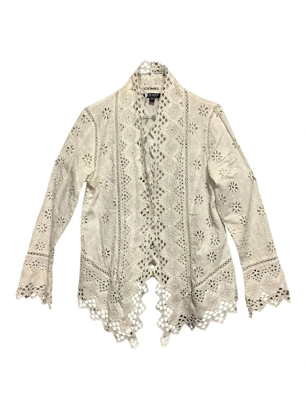 Lauren Ralph Lauren White Lace Eyelet Embroidered Open-Front Jacket Size PM